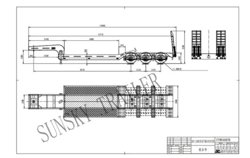 13 meters 3 axles low bed trailer drawing